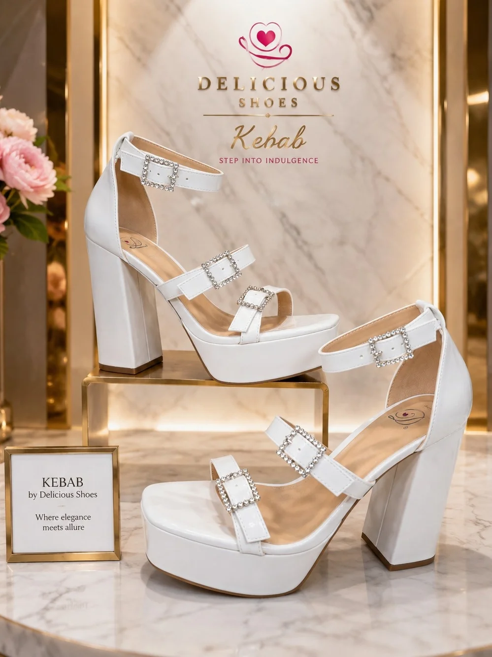 Delicious Shoes “Kebab” White Patent Rhinestone Platform Heels – NIB